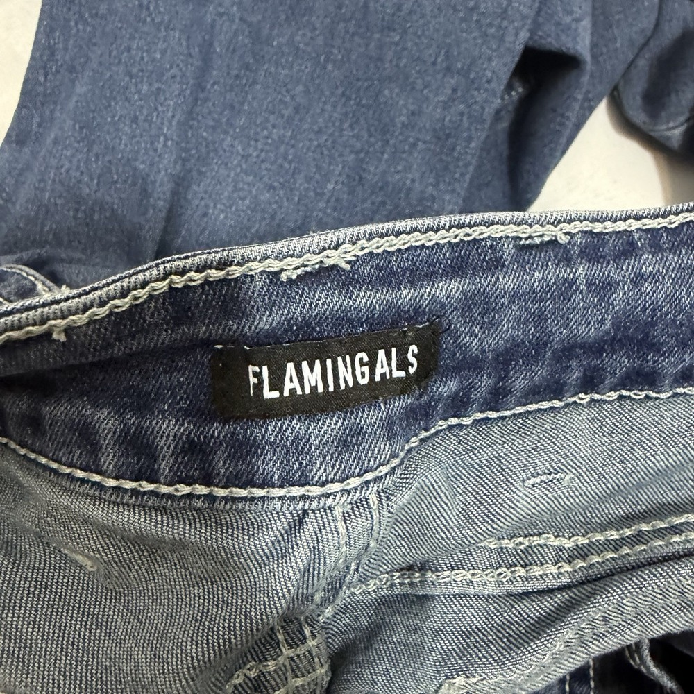 Flamingals Flared Jeans Womens Sz L (32x32) Mid Rise Side Seam Detail Stretch - Picture 12 of 14